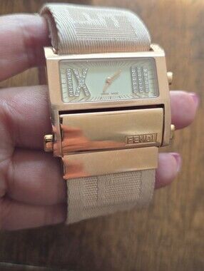 Fendi Rose Gold-Tone Rectangular Dial Watch with Cream Color ZUCCA Fabric Strap